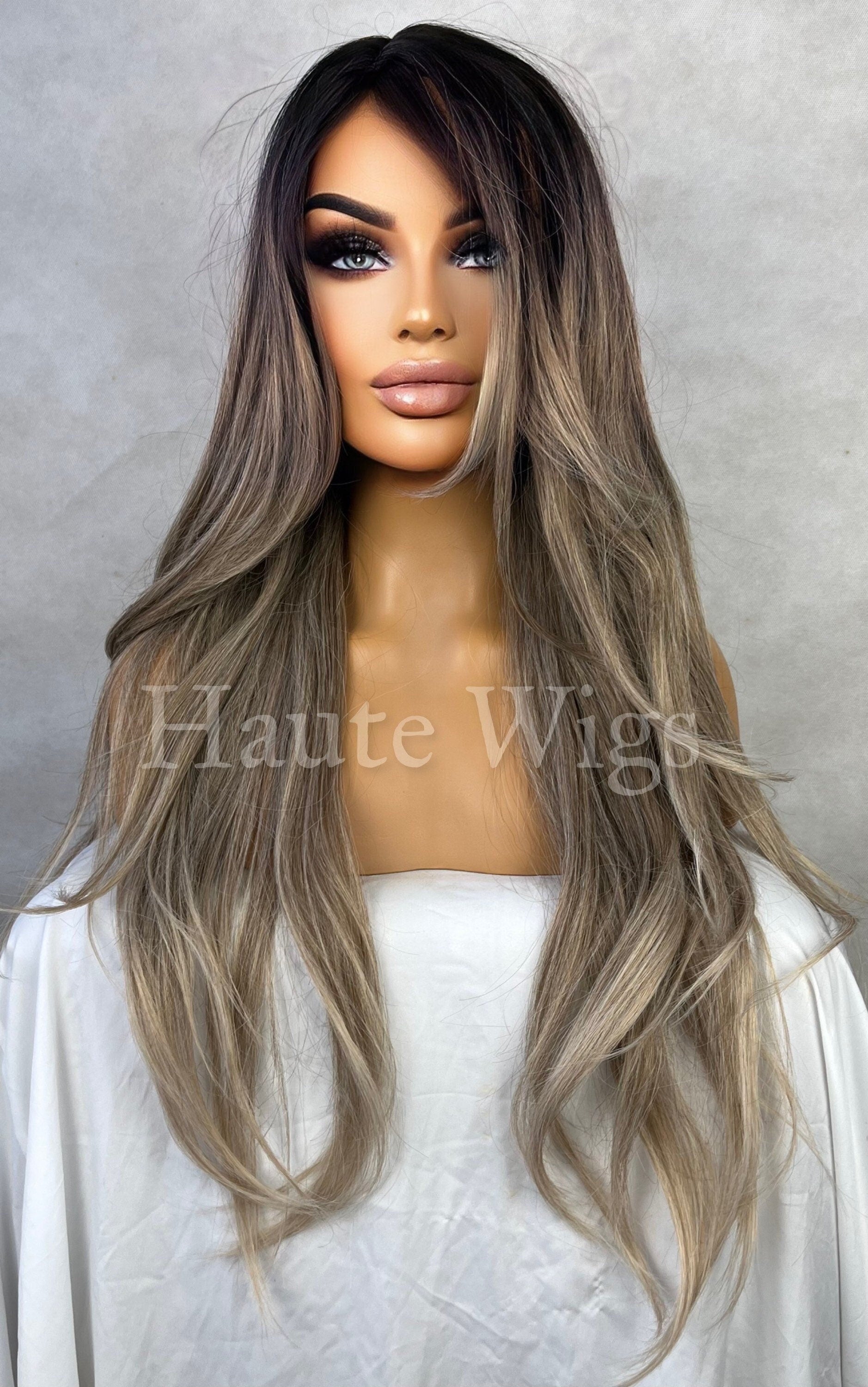 28 Inch Ash Blonde Wig Silver Ombré Black 1B Root No Lace Front Long C –  Haute Wigs