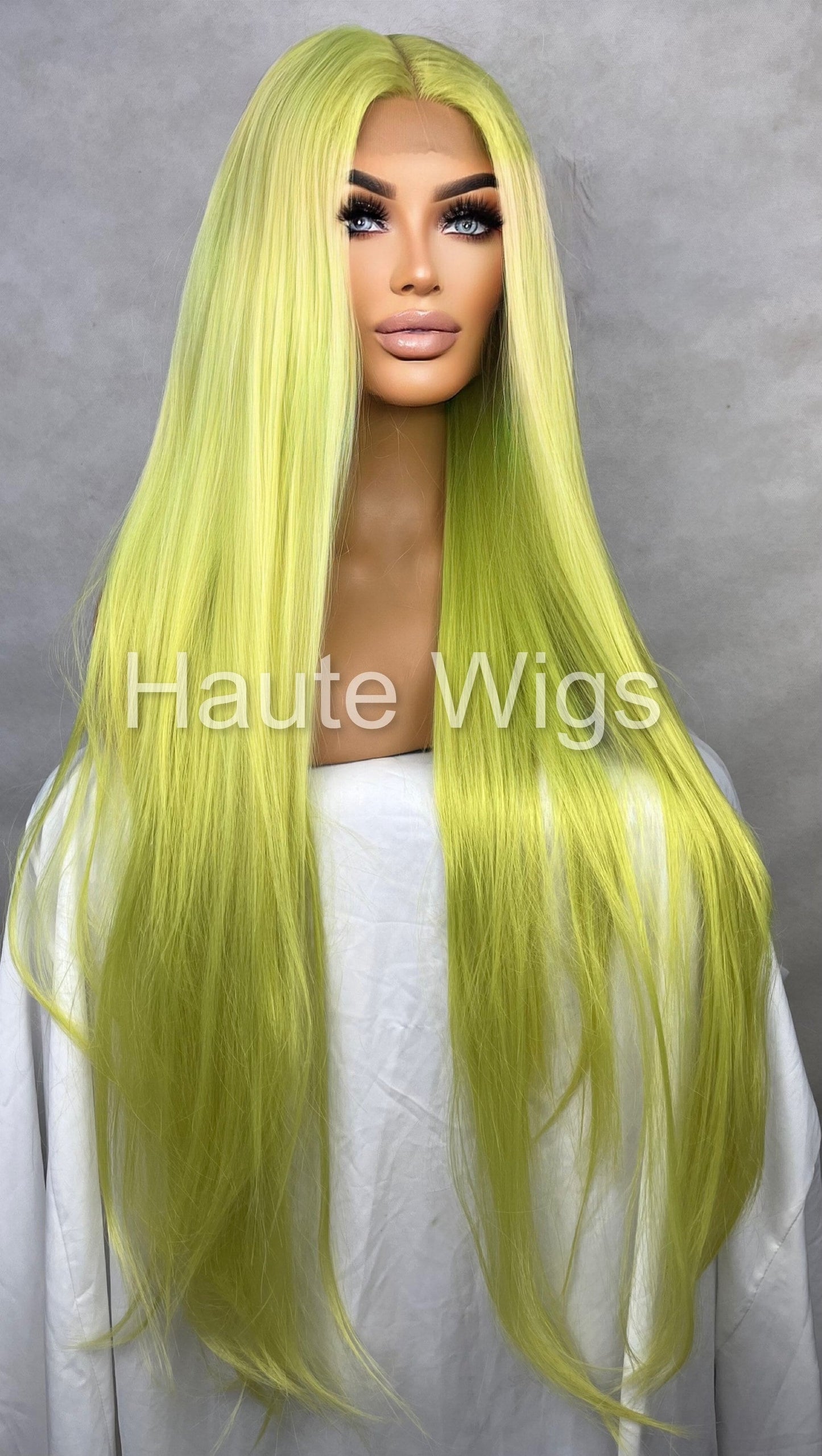 XXXL 40 Inch Lemon Neon Green Yellow RARE Wig Lace Front Long Straight Human Hair Blends Wigs Ladies Eye Catching