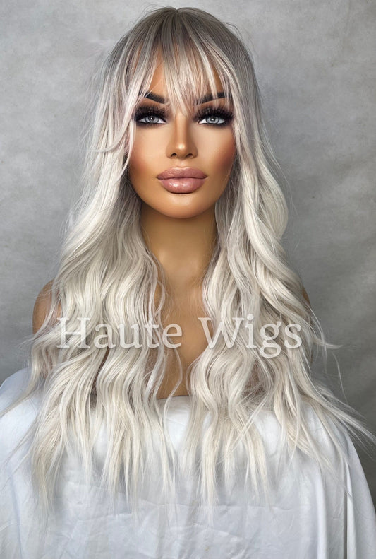 Homecoming - Ash Platinum Blonde Ombré streaks 22 Inch Long Wig Wavy NO Lace Fringe Bangs Womens Wig pretty Gift for her haute wigs