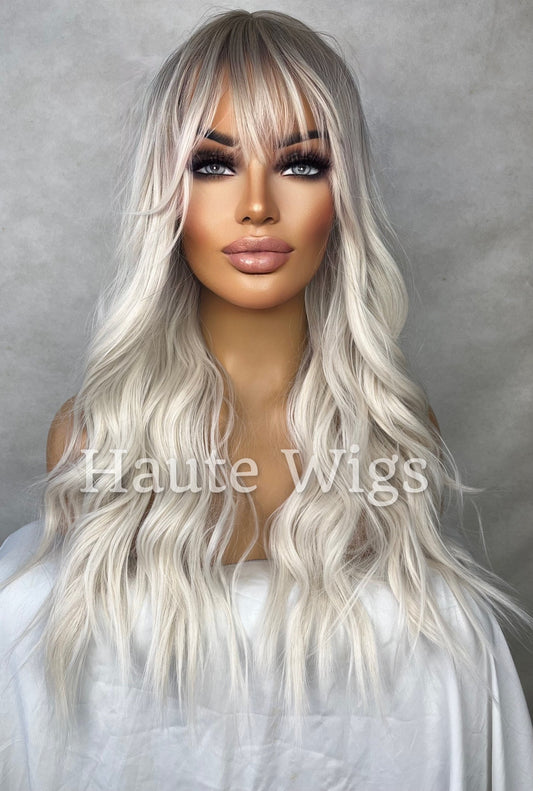 Ash Platinum Blonde Ombré streaks 22 Inch Long Wig Wavy NO Lace Front Fringe Bangs Womens Wig Eye Catching Gift for her sexy haute wigs