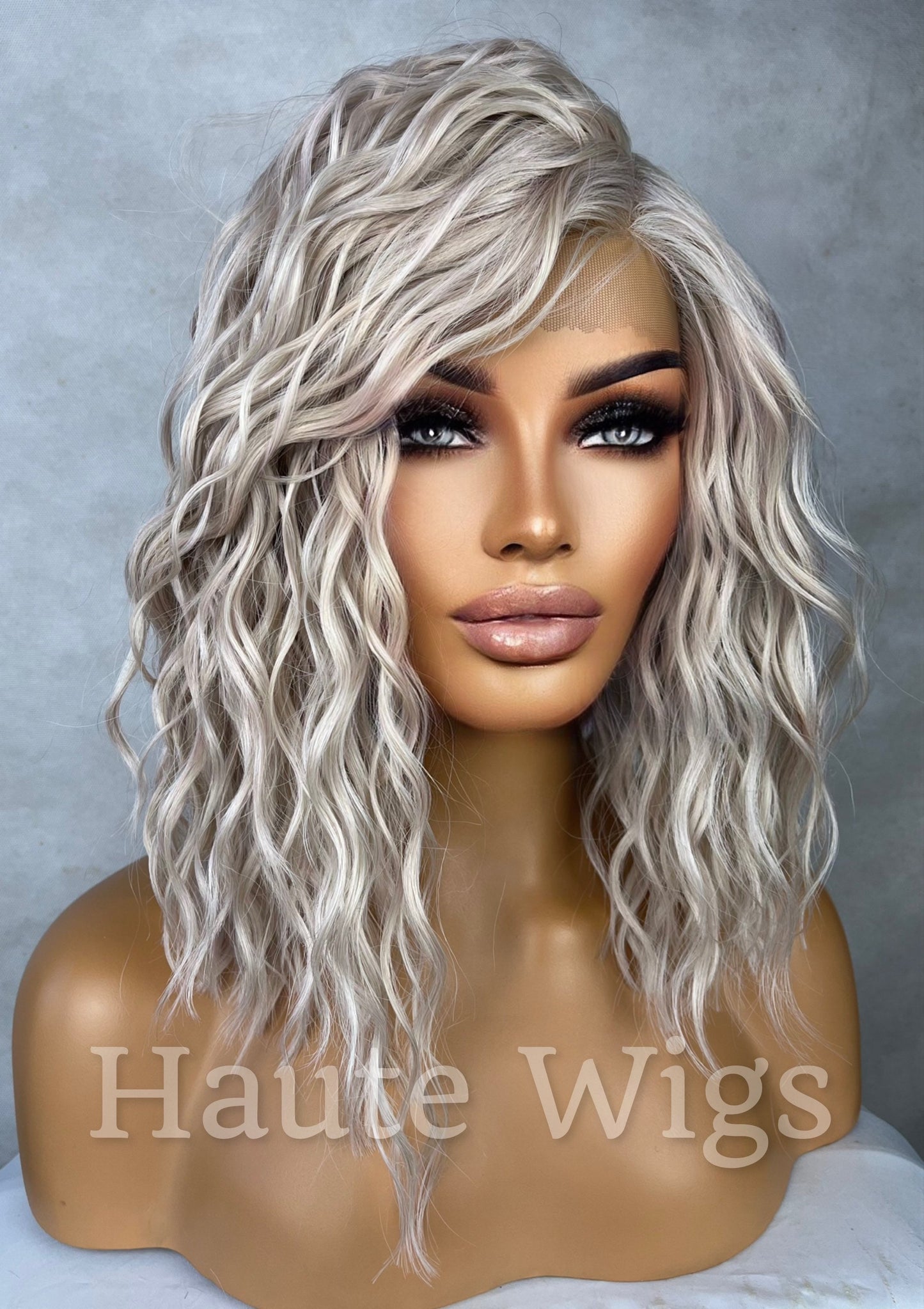 Platinum Ash Blonde 14 Inch Bob Wig White Silver Tones Wavy Human Hair Deep Side Parting HD Lace Front Womens Wig Eye Catching Short