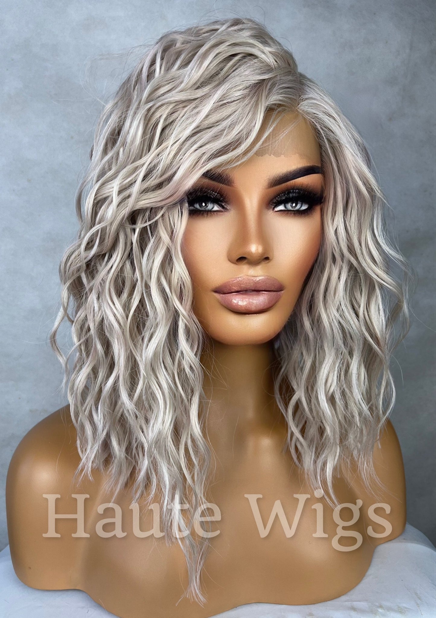 PRE ORDER Platinum Ash Blonde 14" Bob Wig White Silver Tones Wavy Human Hair Deep Side Parting HD Lace Front Womens Wig Eye Catching Short