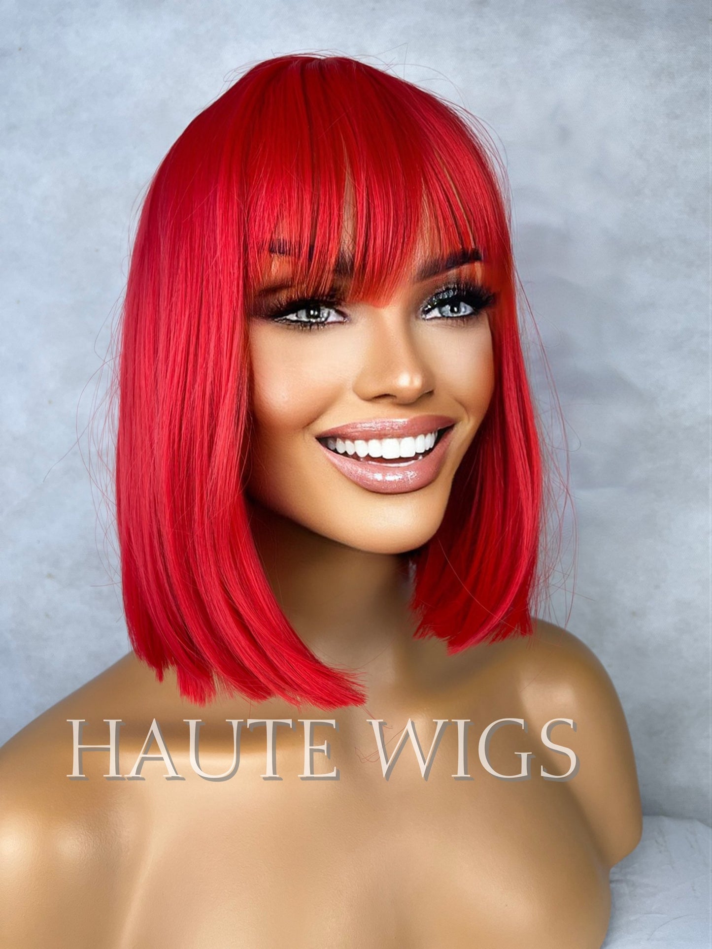 Sharp & Straight Short BOB Womens Wig 12 Inch Bright and Deep Red With Fringe Bangs Ladies Wigs Blunt Cut Haute Wigs Gift For Her