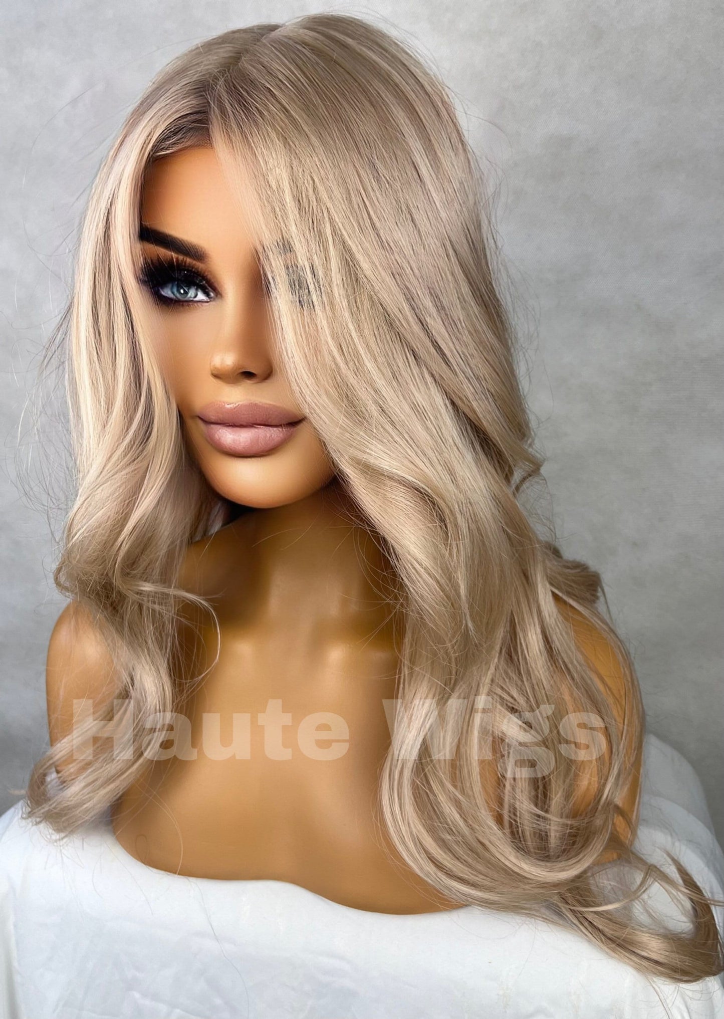 20 inch Wavy Natural Light COOL Tone Ash Blonde Wig No ombré Womens Long Wig Lace Front Realistic Human Hair Blends Straight Ladies Wig Gift