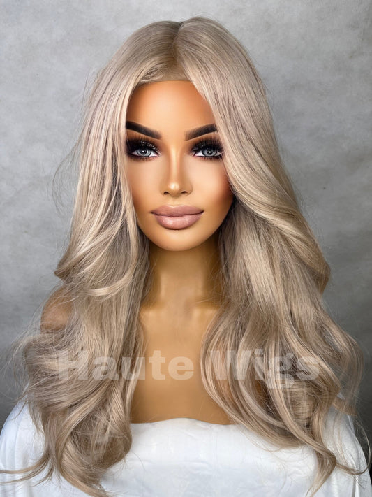 Malibu 20 inch Wavy Natural COOL Tone Ash Blonde Wig No ombré Womens Long Wig Lace Front Realistic Human Hair Blends Ladies Wig Gift