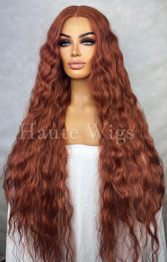 Auburn Copper Ginger Wavy XXX Long 42 Inches Lace Front Wig Human Hair Womens Wigs Gift For Her Realistic Center Parting Water waves