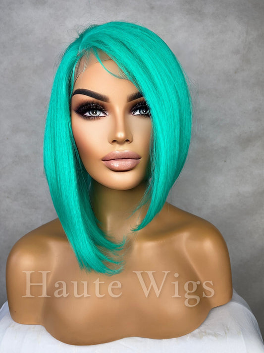 Neon Pastel Bright Green BOB Wig 12 Inches Lace Front Human Hair Blends Womens Ladies Wig Sexy Luxury Slanted Parting Layered Gift For Her