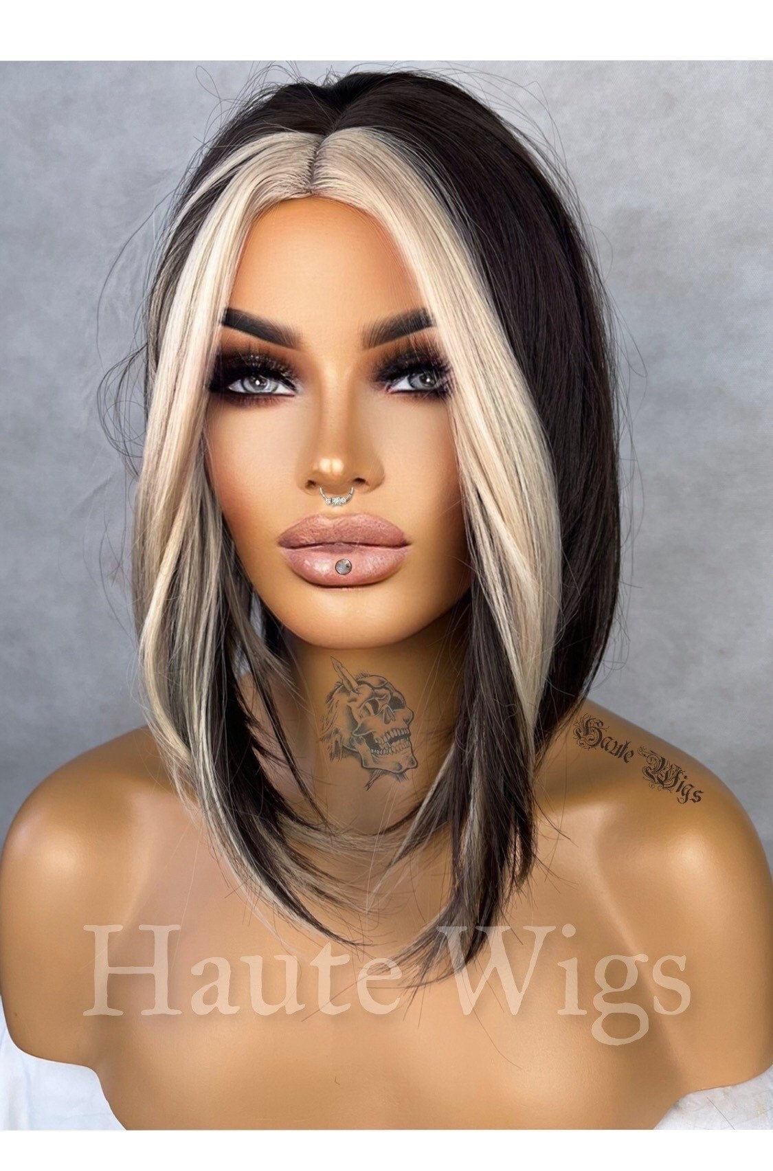 SmackDown 14 inch Dark Brown Black & Blonde Money Piece Wig Streaks Highlights Hair emo Gift for her goth Role Play or Everyday Haute wigs