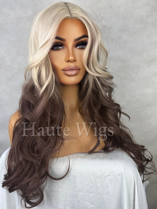 PeepShow- Ombré 613 Light Creamy Blonde To Cola Brown Brunette Womens Wavy Wig Lace Front Layered Thick Ladies Wig RARE Bleached Peroxide