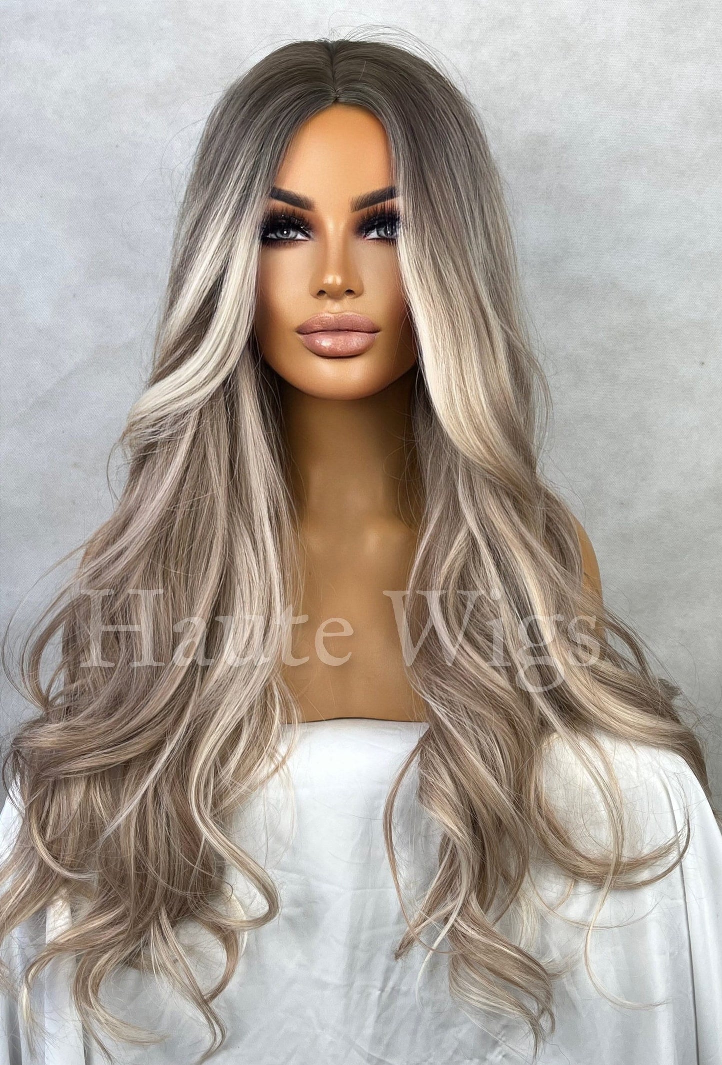 Beverly Hills Ash Brown Blonde Highlights White Balayage streaks 26 Inch Long womens Wig Straight Center Parting NO Lace Front Gift for her