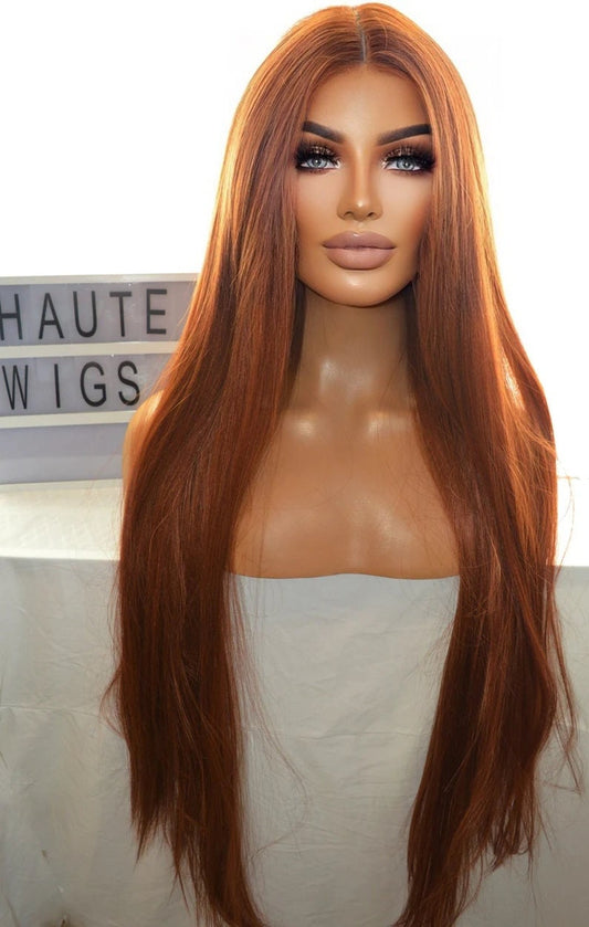 AUBURN XXX Long 40 Inches Lace Front Human Hair Blends Womens Wig Ladies Deep Copper Ginger Brown Luxury Baby Hairs Center Parting Straight