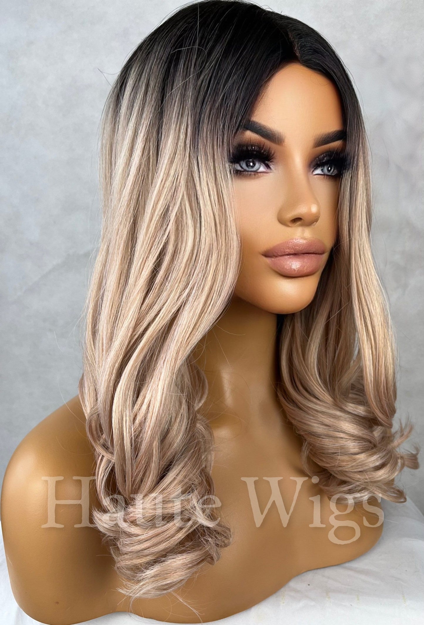 16 inch Blonde With Rose Gold Pink Tones Wig Long wavy Womens Human Hair Blend Pre Cut Lace Front center Parting Realistic Haute Wigs