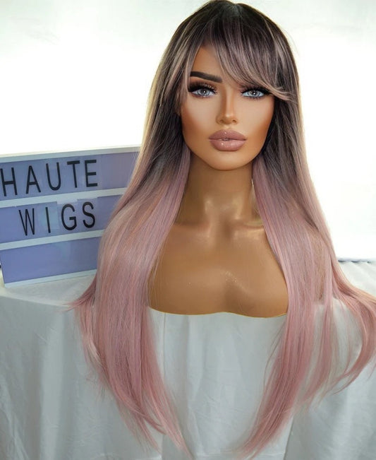 Emily Straight Long Wig Womens Human Hair 26 Inches Ombre Pink Rose Gold Fringe Bangs Ladies Wigs