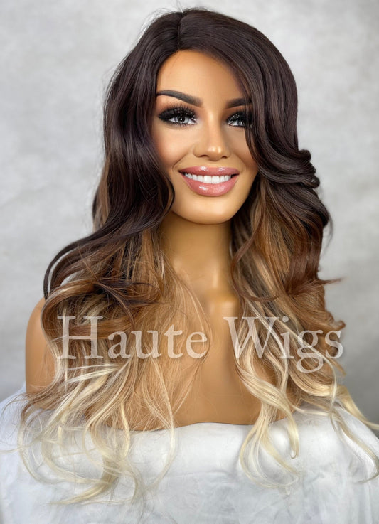 The 3 tone Ombré Black Brown Blonde Brunette Womens Wavy Wig NO Lace Front Layered Thick Ladies Wig RARE Bleached Peroxide