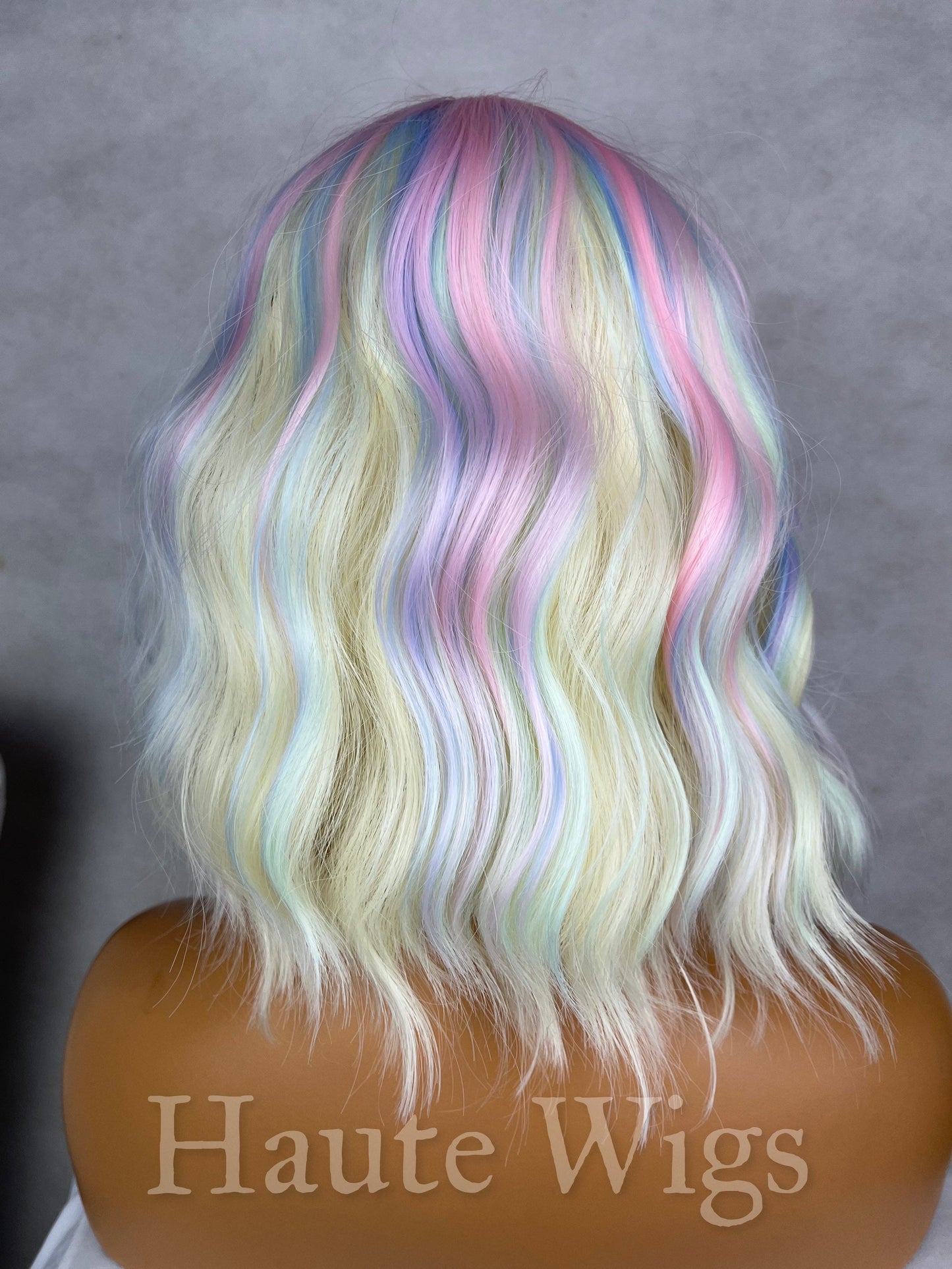 Candy Addiction 12 Inch Bright white Blonde Blue Pink Green streaks Wig Bangs Fringe Wig No Lace Front Wavy Curly Wigs Ladies gift for her