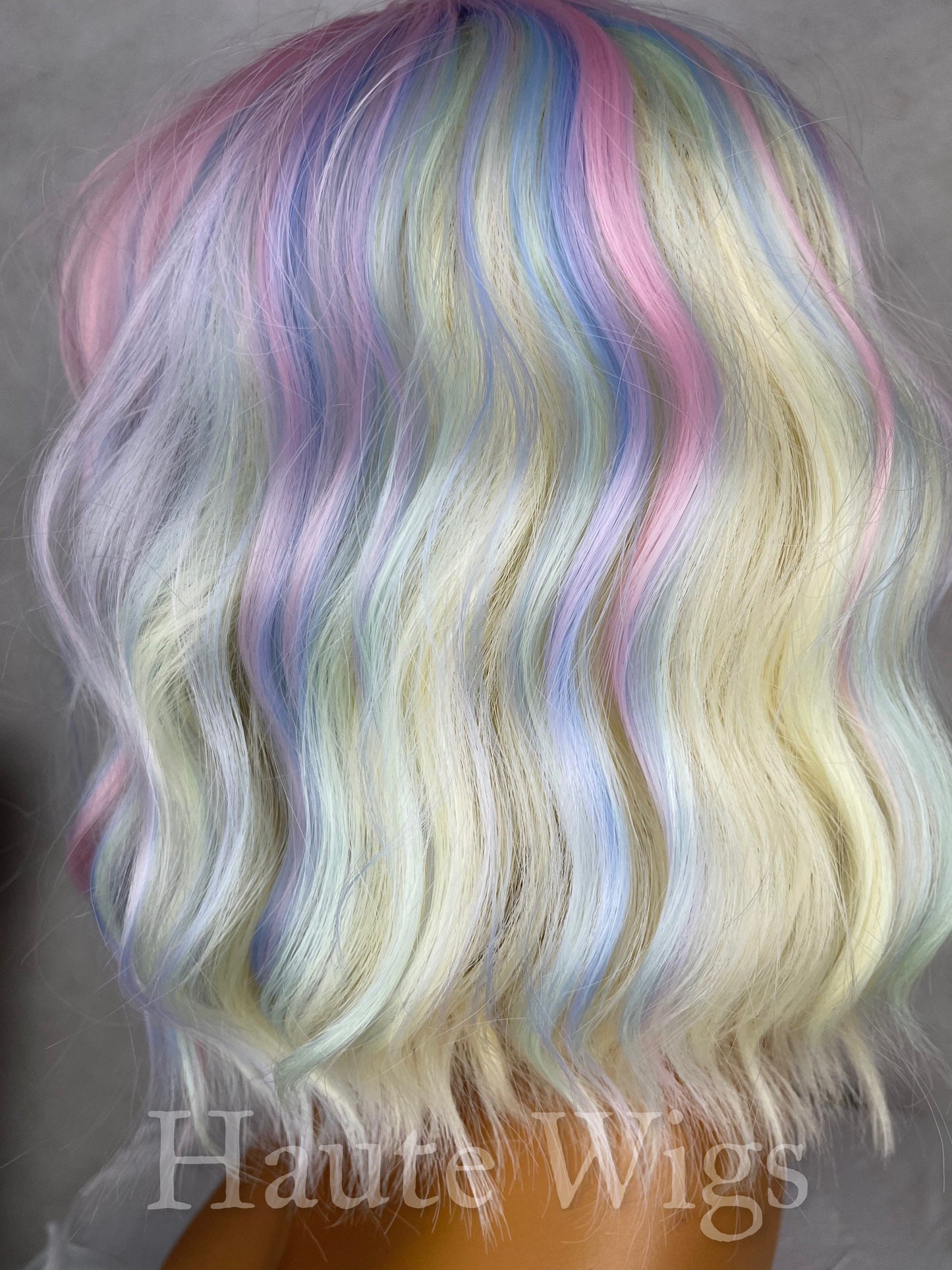 Candy Addiction 12 Inch Bright white Blonde Blue Pink Green streaks Wig Bangs Fringe Wig No Lace Front Wavy Curly Wigs Ladies gift for her