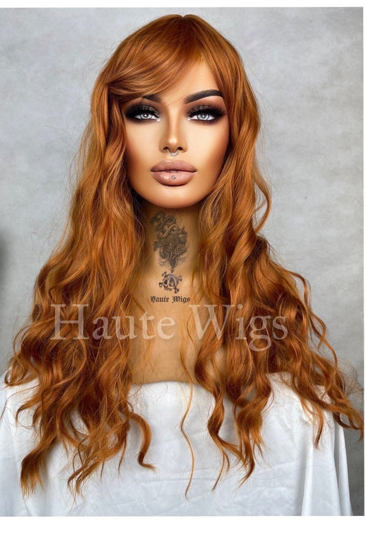 Velvet - Auburn Copper Wig With Bangs / Fringe Long Deep Golden Ginger Brown Layered Silky Wavy Ladies Womens Wigs No Lace Front