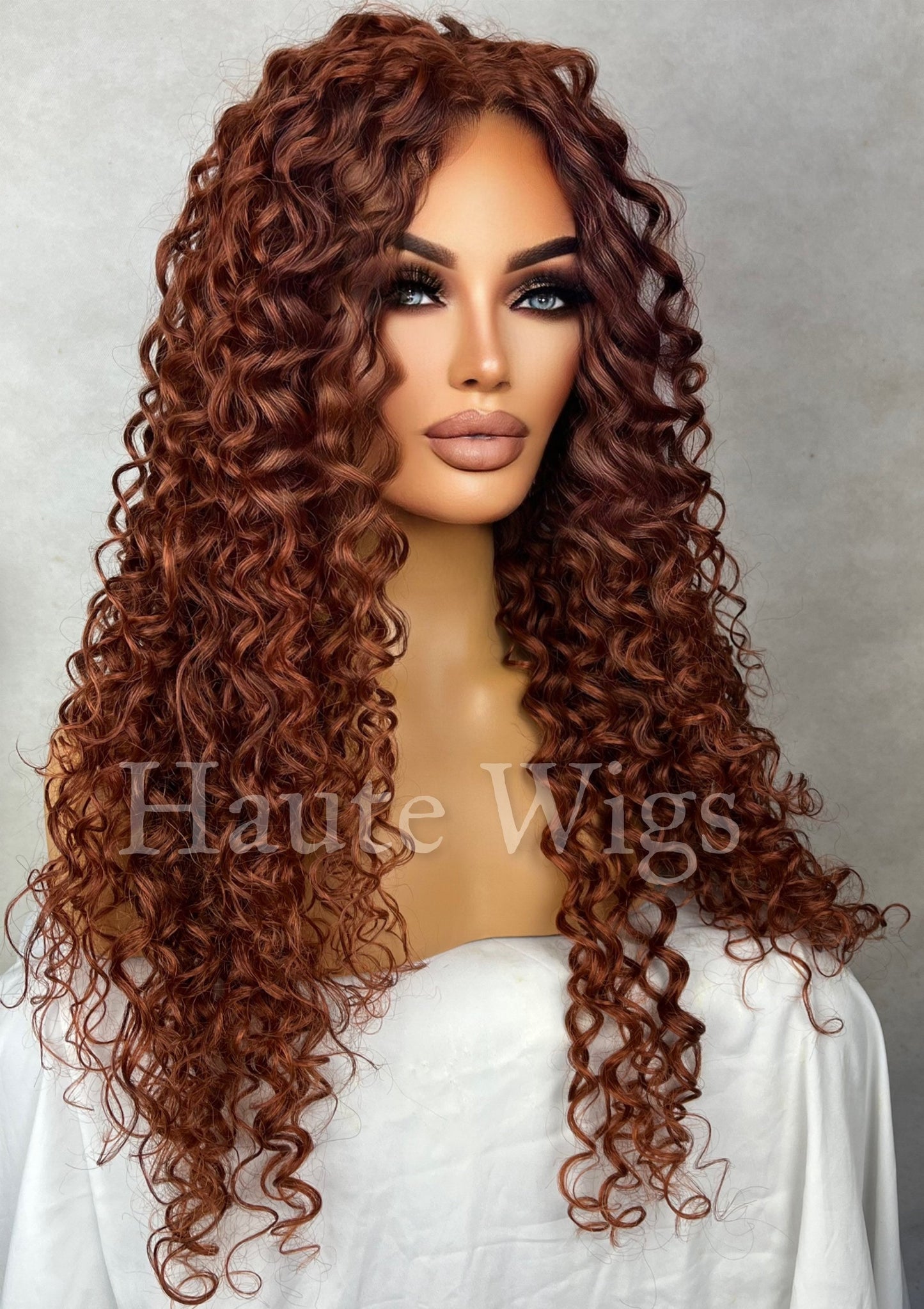 Auburn Charm - Copper Ginger curly tight Water Wet Waves Wig Lace Front Center Parting Thick Wavy Curly Brown Human Hair Blends Haute Wigs