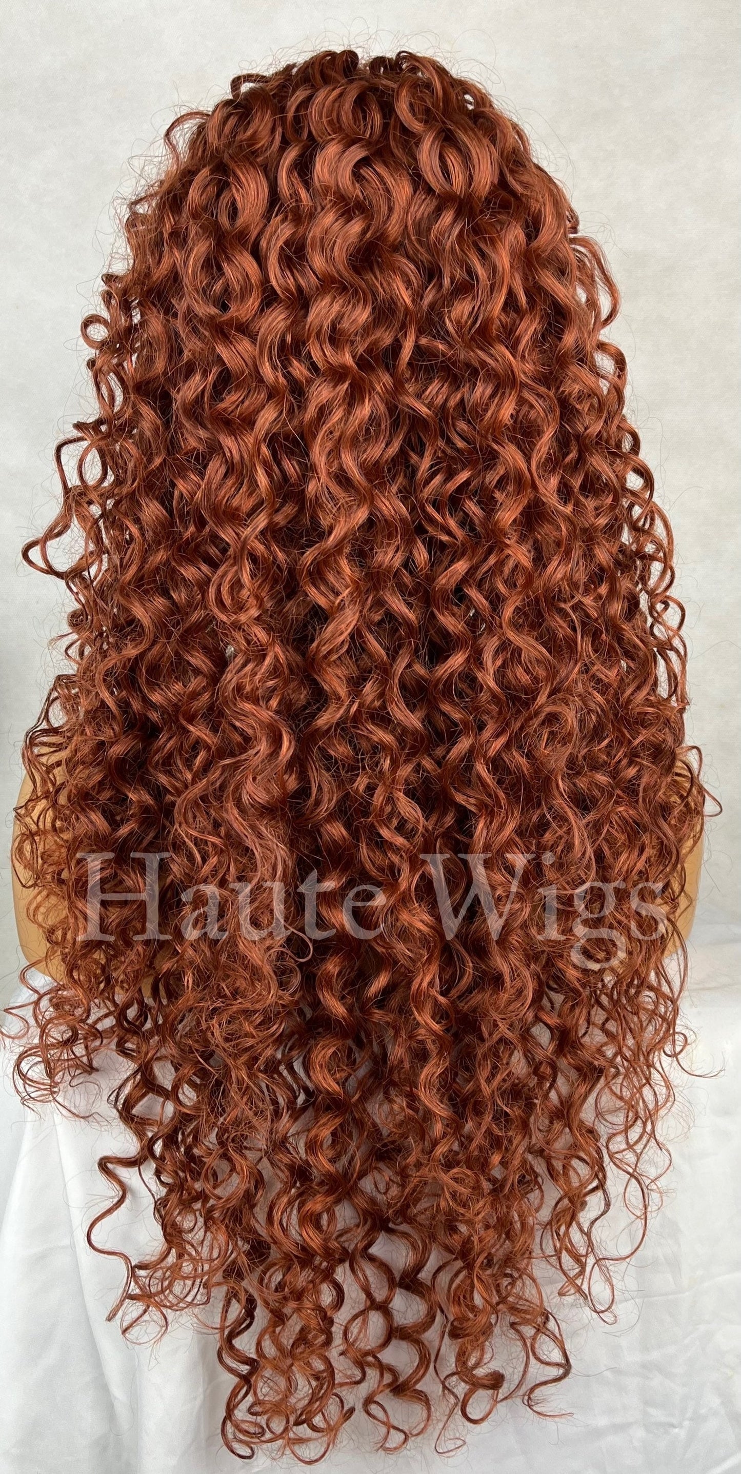 Auburn Charm - Copper Ginger curly tight Water Wet Waves Wig Lace Front Center Parting Thick Wavy Curly Brown Human Hair Blends Haute Wigs