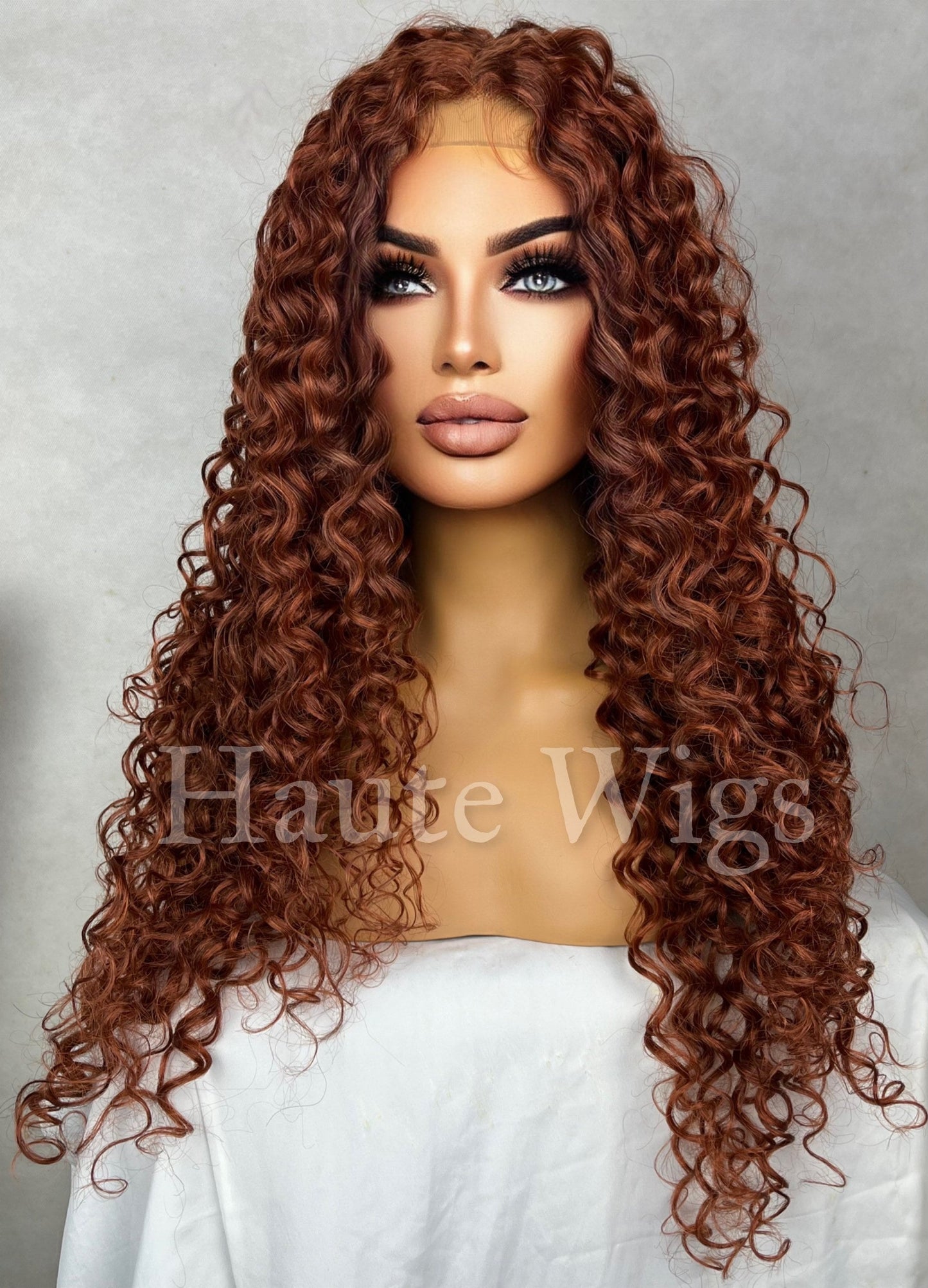 Auburn Charm - Copper Ginger curly tight Water Wet Waves Wig Lace Front Center Parting Thick Wavy Curly Brown Human Hair Blends Haute Wigs