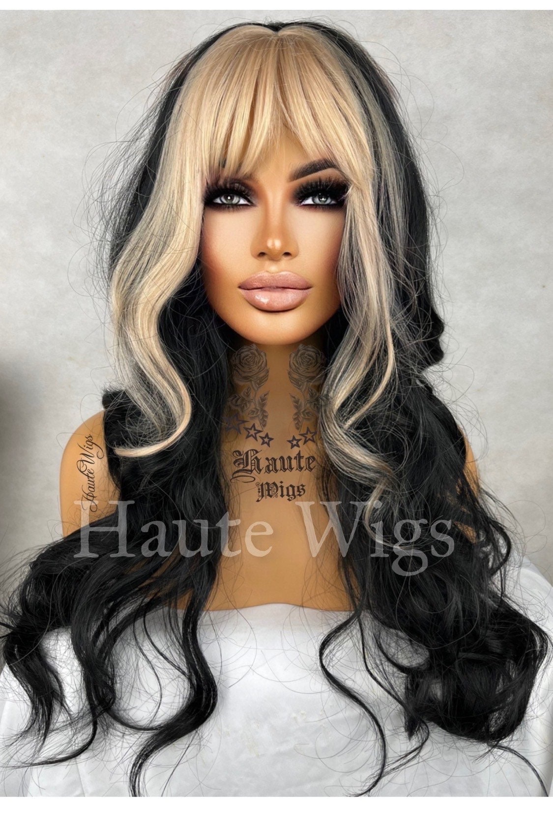 Domineer 24 inch Darkest Black & Blonde Fringe Money Piece Wig Streaks Highlights hair gorgeous Gift Role Play or Everyday Haute wigs