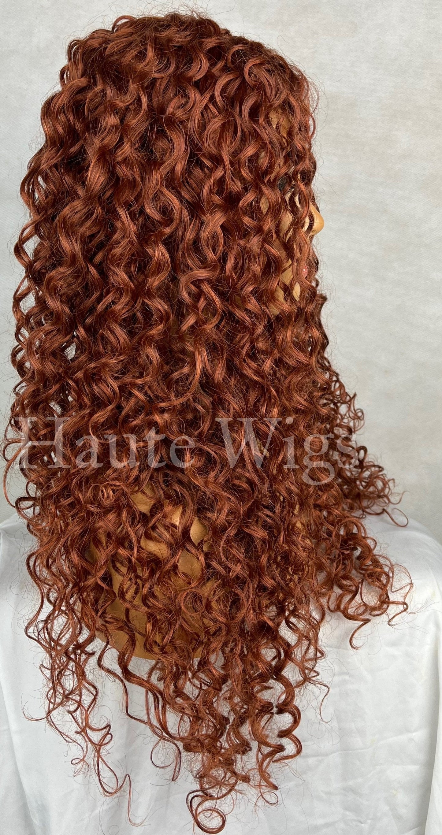 Auburn Charm - Copper Ginger curly tight Water Wet Waves Wig Lace Front Center Parting Thick Wavy Curly Brown Human Hair Blends Haute Wigs