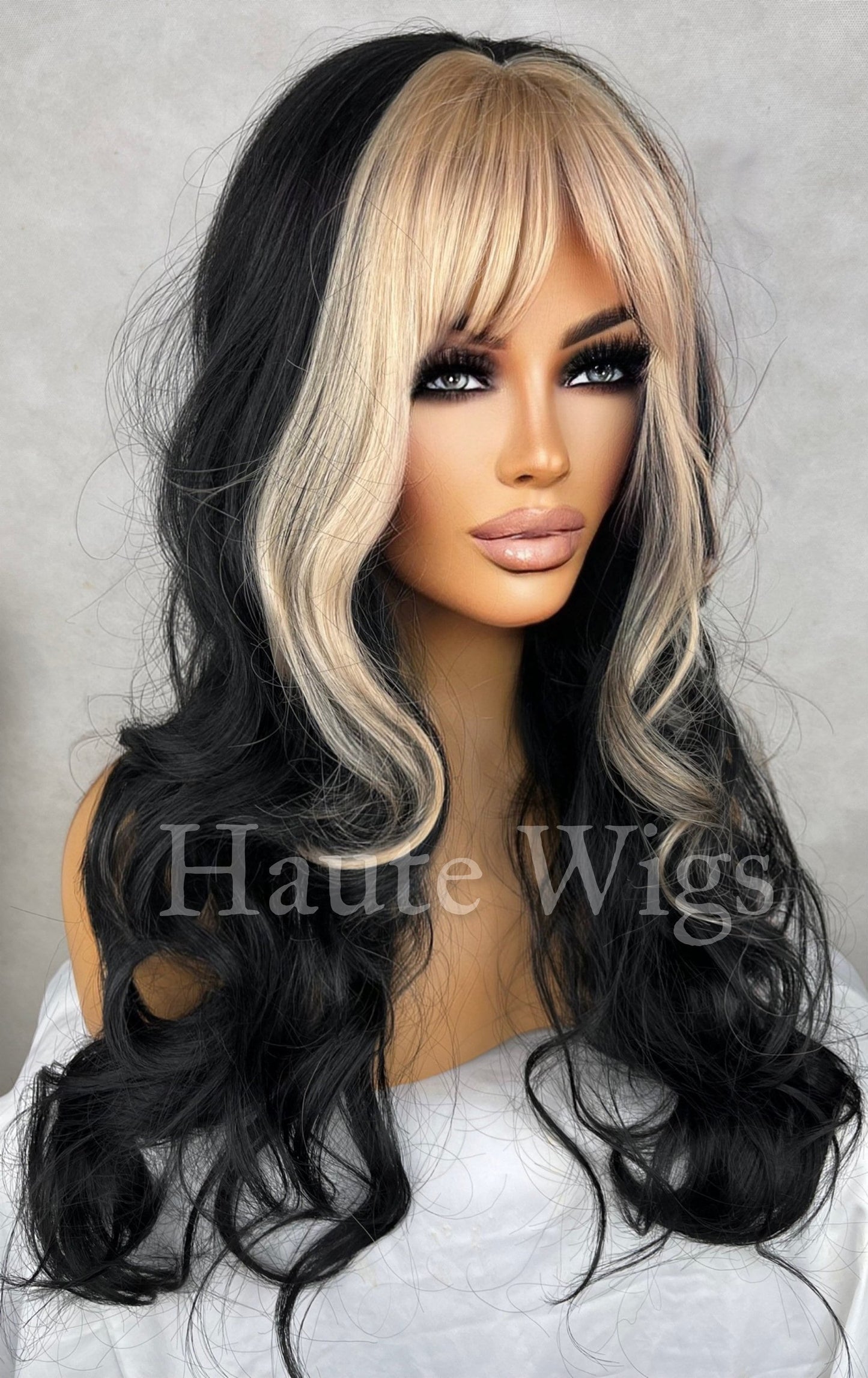 Domineer 24 inch Darkest Black & Blonde Fringe Money Piece Wig Streaks Highlights hair gorgeous Gift Role Play or Everyday Haute wigs