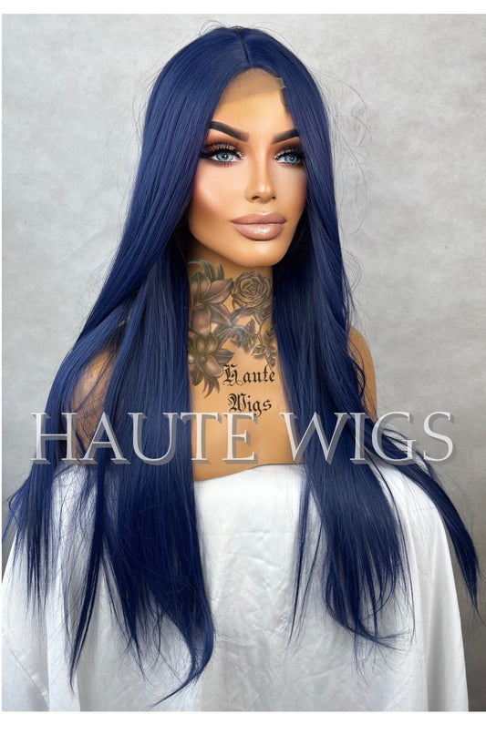 Poison V3 straight small Lace Front Closure Womens Wig Ladies Deep Night Sea Blue Haute Wigs Center Parting realistic Density gift for her