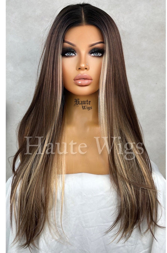 Iconic - 90s Inspired Money Piece Brunette Brown Wig Blonde Highlights Hair Lace Front Straight Blonde Streaks Human Hair Blends