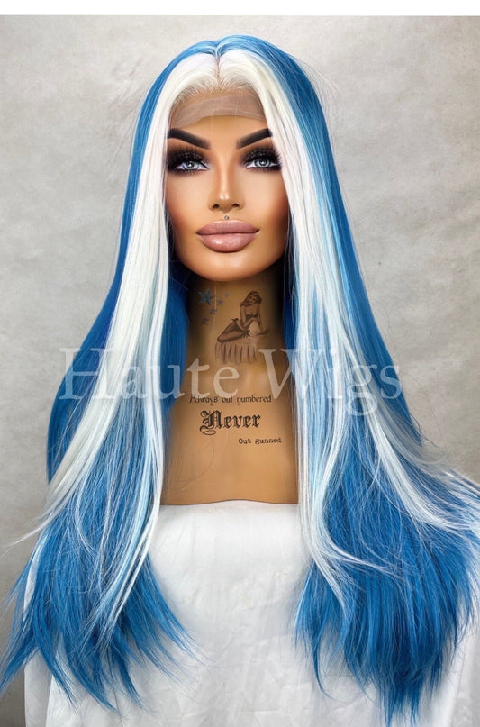 Blue Monday - Lace Front Womens Wig Ladies Straight Clean Ocean Blue With White Money Piece Streaks Highlights Haute Wigs gift for her