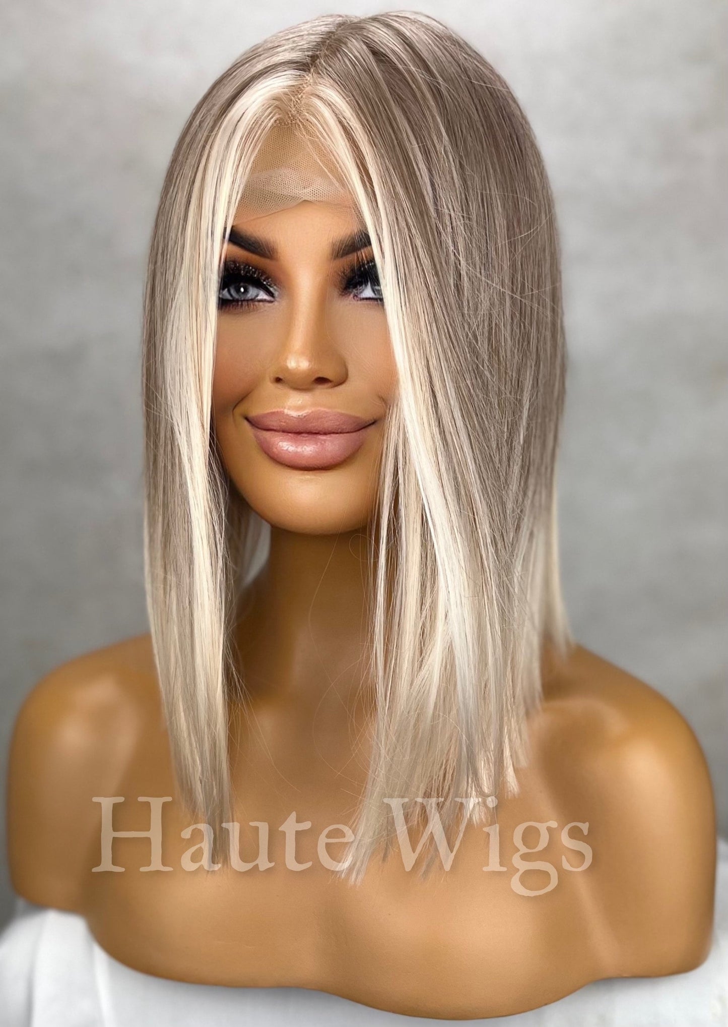 Californian Girl - Ash Blonde White Balayage Highlights BOB streaks 14 inch Wig Straight Center Parting Low Density Lace Front Haute wigs