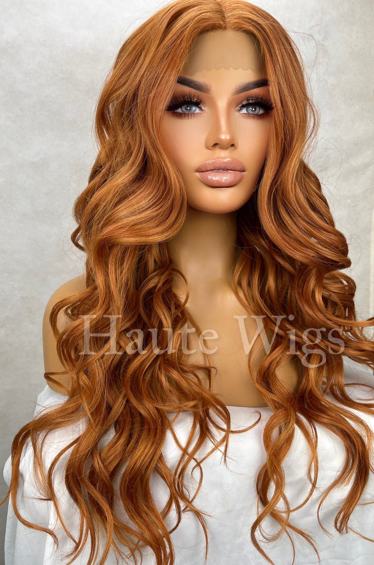 Iris - 26 inch Copper Auburn Wig Lace Front Human Hair Blends Womens Ladies Ginger Brown Luxury Baby Hairs Center Parting Straight Gift her