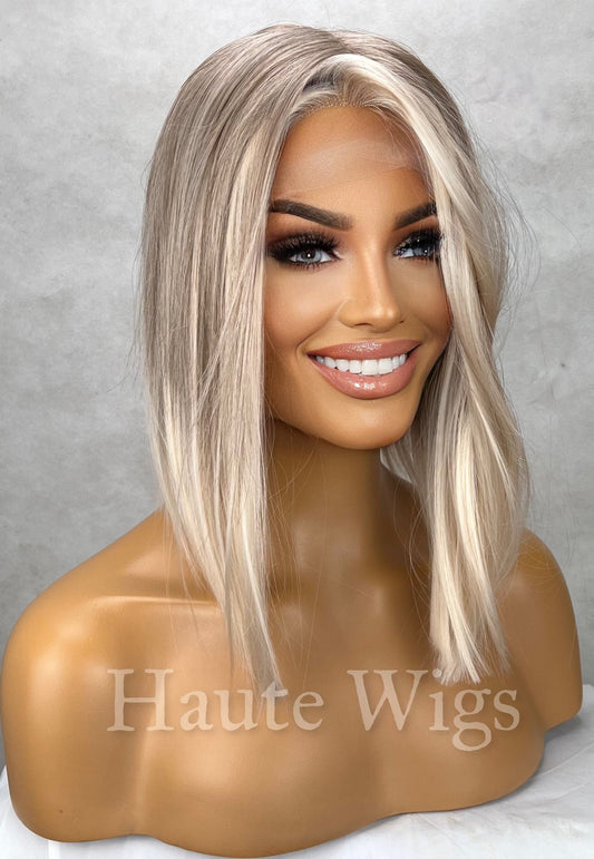 Californian Girl - Ash Blonde White Balayage Highlights BOB streaks 14 inch Wig Straight Center Parting Low Density Lace Front Haute wigs