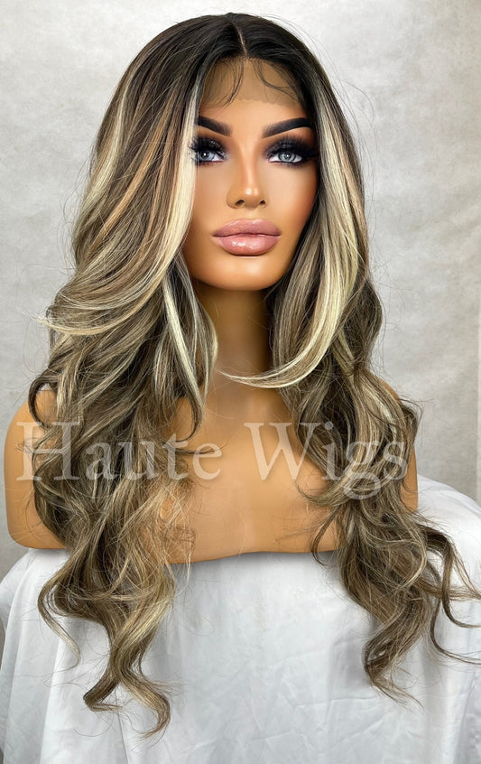 Wicked Game - Wavy Money Piece Brunette Brown Wig Ash Blonde Highlights Hair Lace Front Straight Blonde Streaks Human Hair Blends