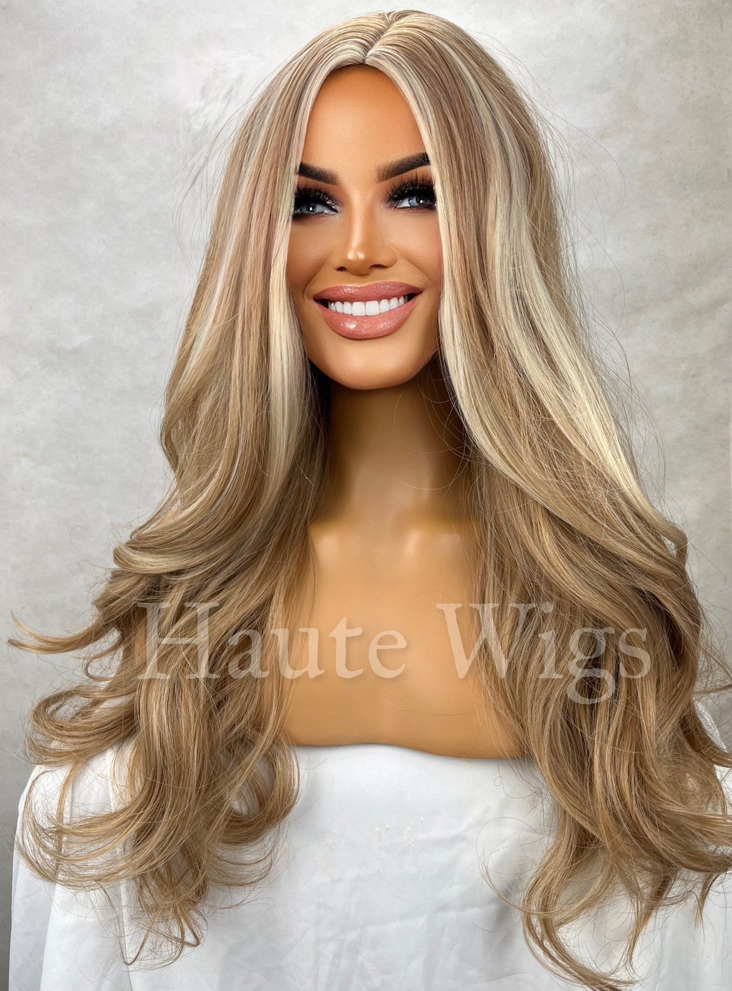 Venice Beach Honey Blonde Ash Highlights White Balayage streaks 22 Inch Long womens Wig Straight Center Parting NO Lace Front Gift for her