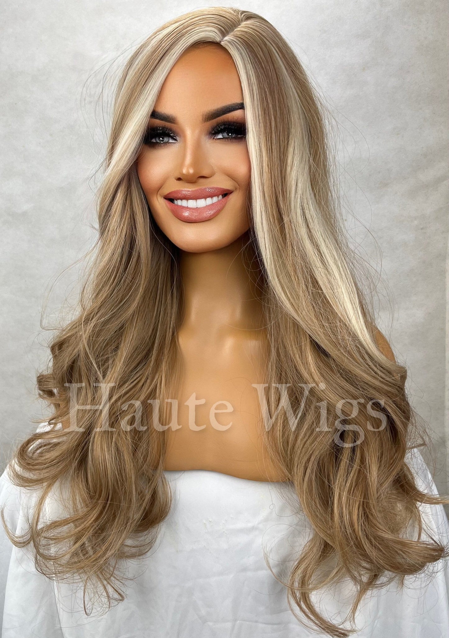 Venice Beach Honey Blonde Ash Highlights White Balayage streaks 22 Inch Long womens Wig Straight Center Parting NO Lace Front Gift for her