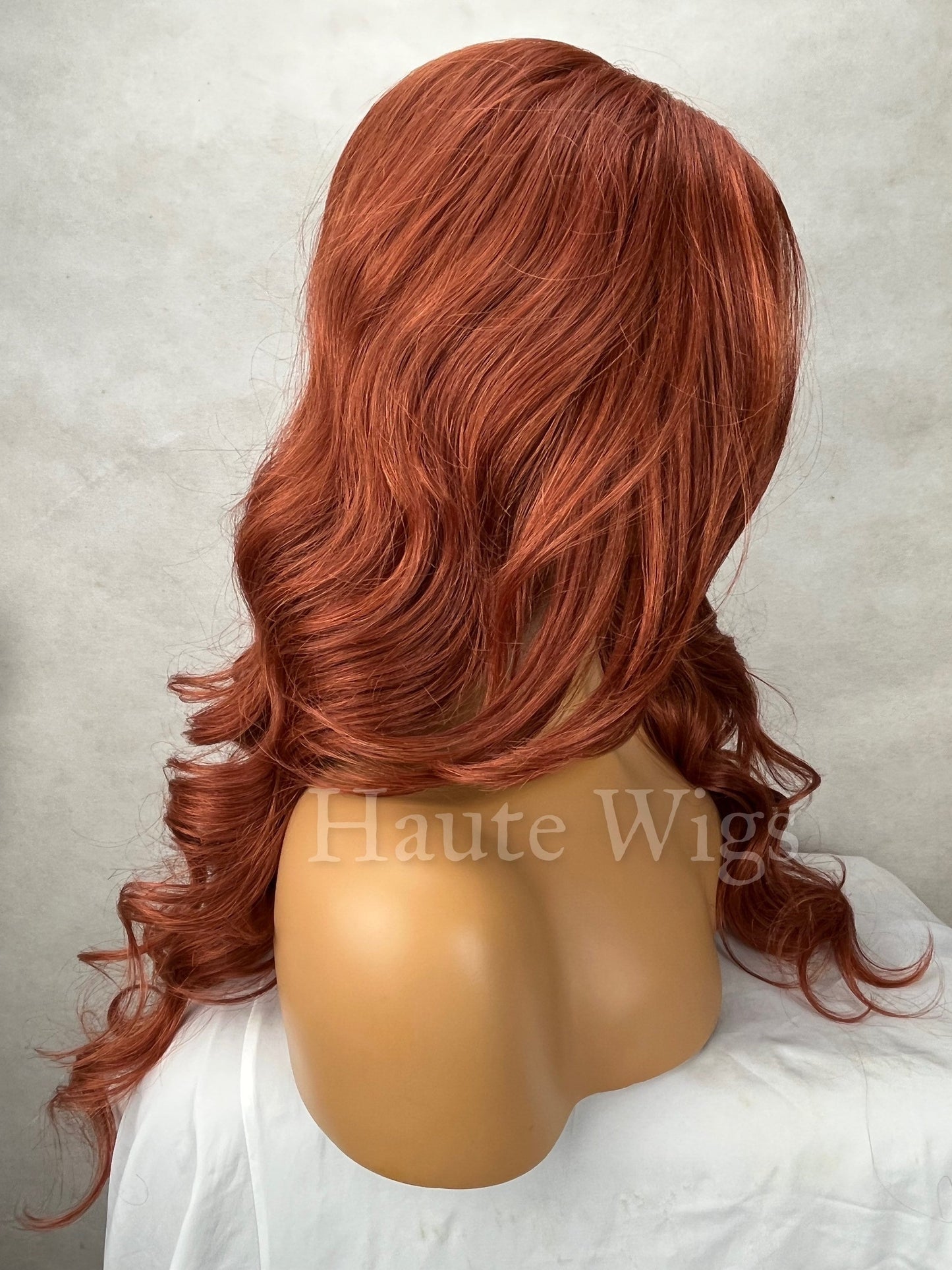 Valentine - Auburn Lace Front Human Hair Blends Womens Wig Ladies Deep Copper Ginger Brown Luxury Baby Hairs Center Parting Wavy Curly