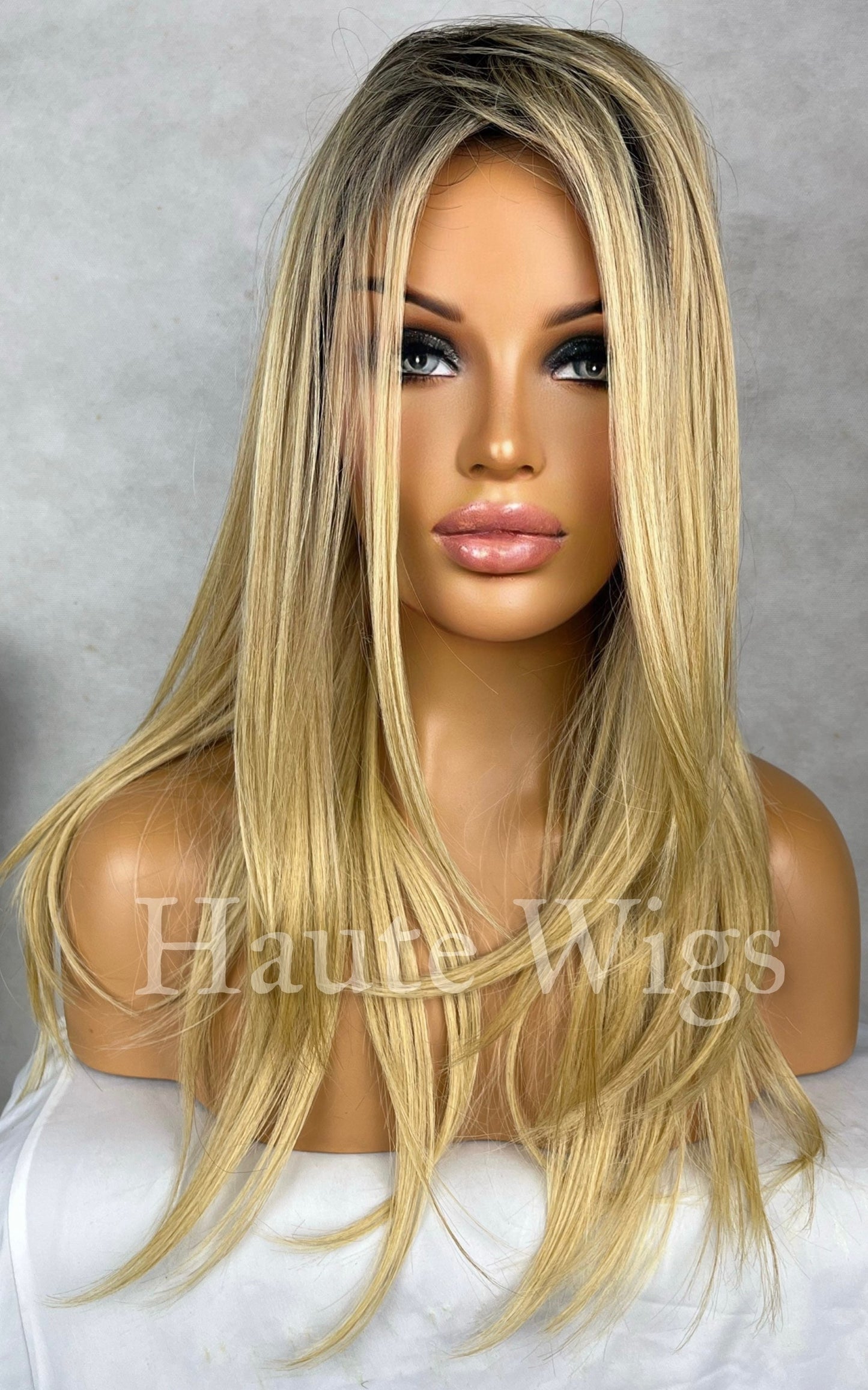 Toxic - Y2k Inspired Blonde Womens Long 19 inch Wig NO Lace Front Layered Human Hair Blends Straight Low density Ladies Wig RARE black roots