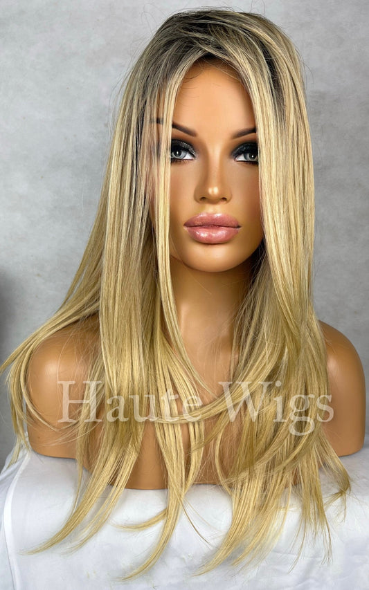 Toxic - Y2k Inspired Blonde Womens Long 19 inch Wig NO Lace Front Layered Human Hair Blends Straight Low density Ladies Wig RARE black roots