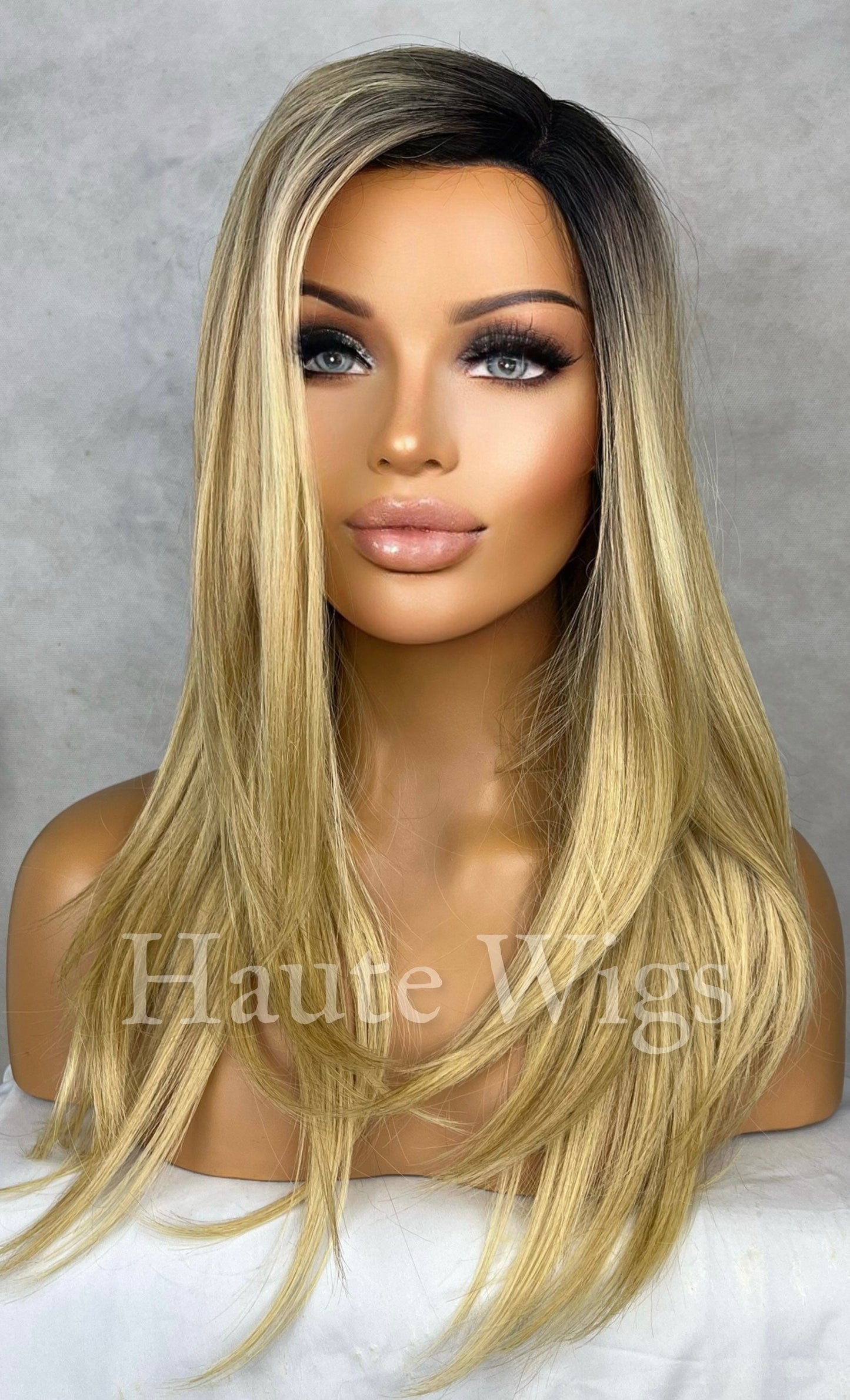 Toxic - Y2k Inspired Blonde Womens Long 19 inch Wig NO Lace Front Layered Human Hair Blends Straight Low density Ladies Wig RARE black roots