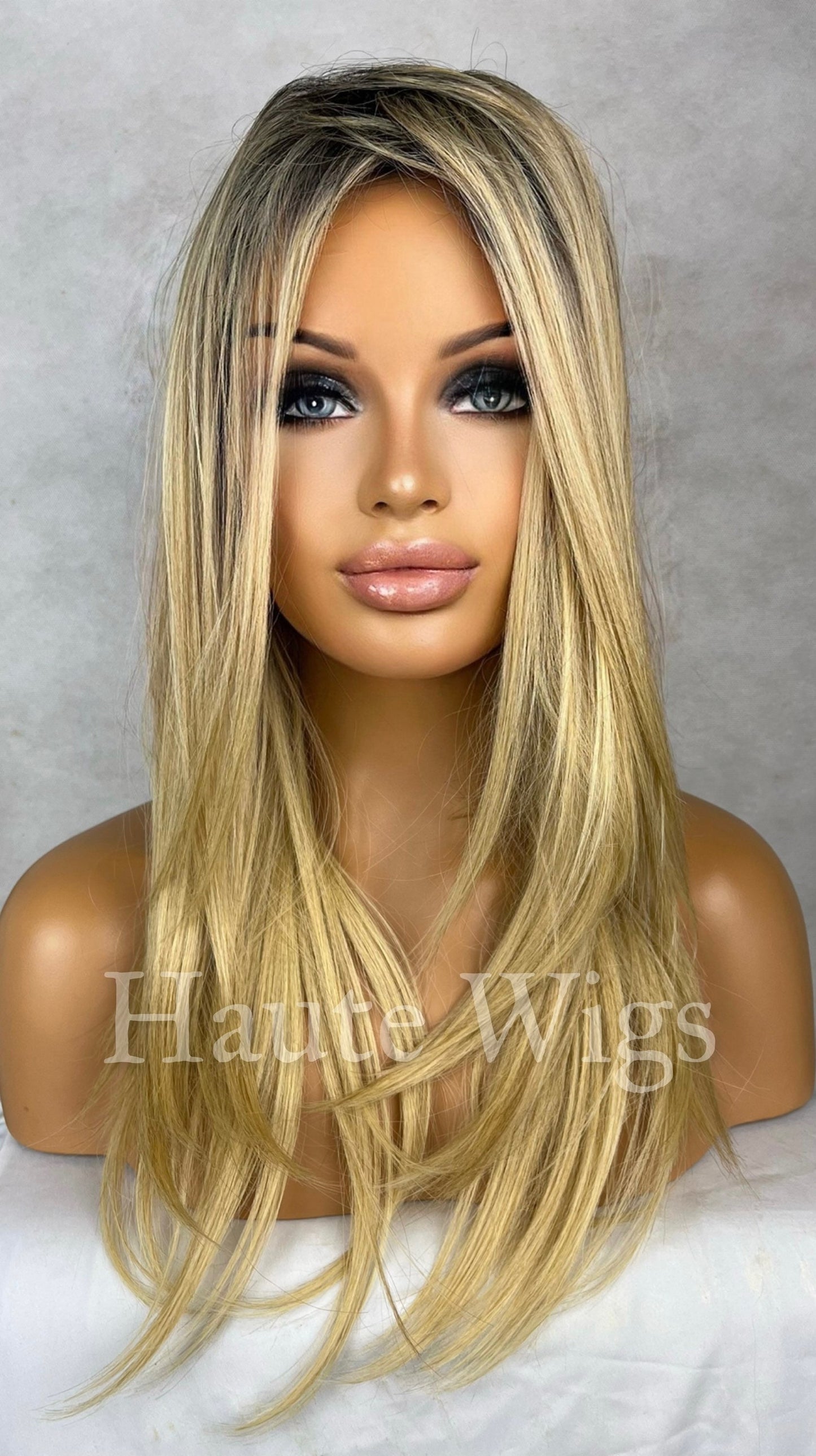 Toxic - Y2k Inspired Blonde Womens Long 19 inch Wig NO Lace Front Layered Human Hair Blends Straight Low density Ladies Wig RARE black roots