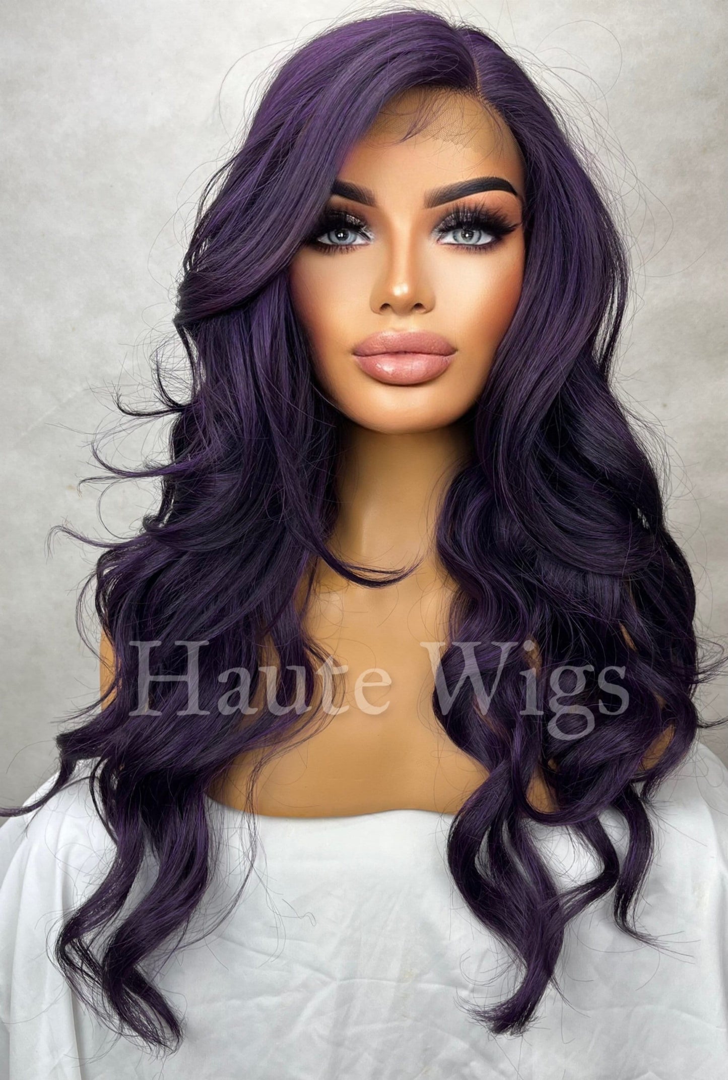 Distinctive - Dark Purple Deep Violet Wig Long Wavy T parting HD Lace Front Human Hair Blends Wig Gift for her Ladies Womens Wigs