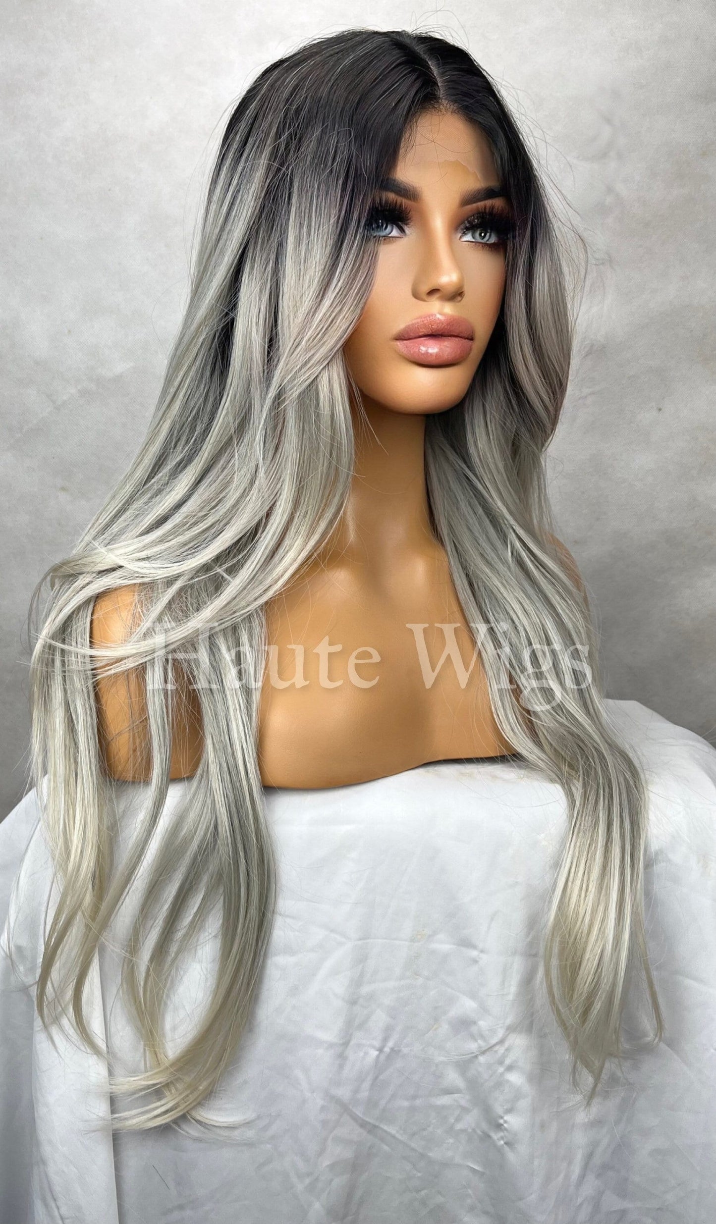 Secret Weapon - long 24 inch Ash Platinum Blonde Silver Ombre 1b Roots Wavy Wig Lace Front Center Parting Wavy Human Hair Blends Haute Wigs