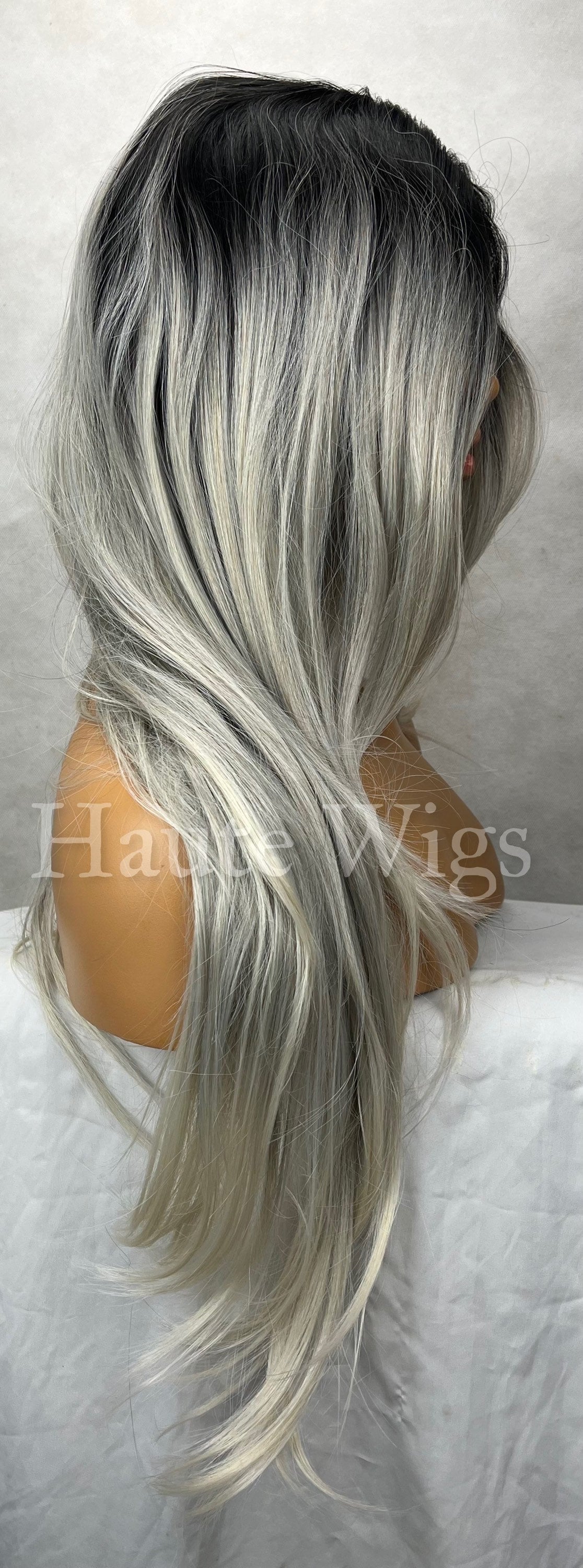 Secret Weapon - long 24 inch Ash Platinum Blonde Silver Ombre 1b Roots Wavy Wig Lace Front Center Parting Wavy Human Hair Blends Haute Wigs