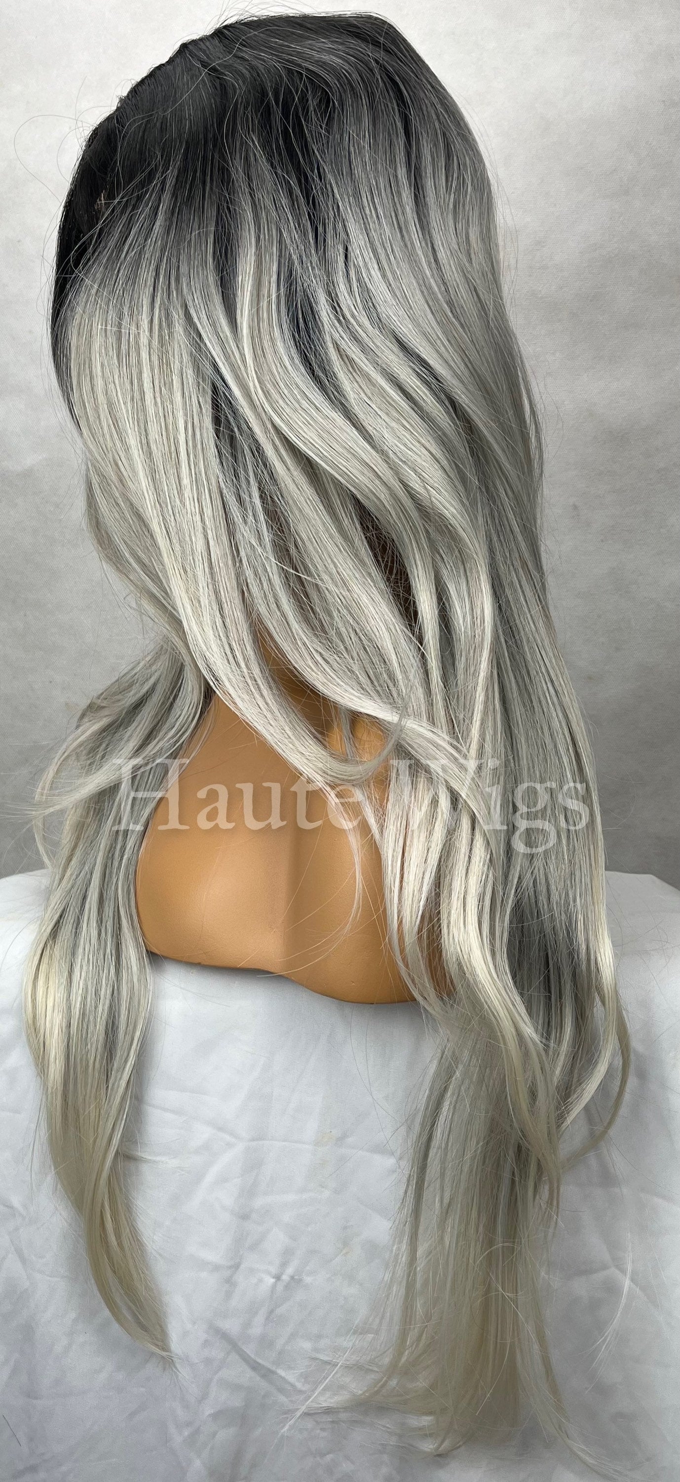 Secret Weapon - long 24 inch Ash Platinum Blonde Silver Ombre 1b Roots Wavy Wig Lace Front Center Parting Wavy Human Hair Blends Haute Wigs