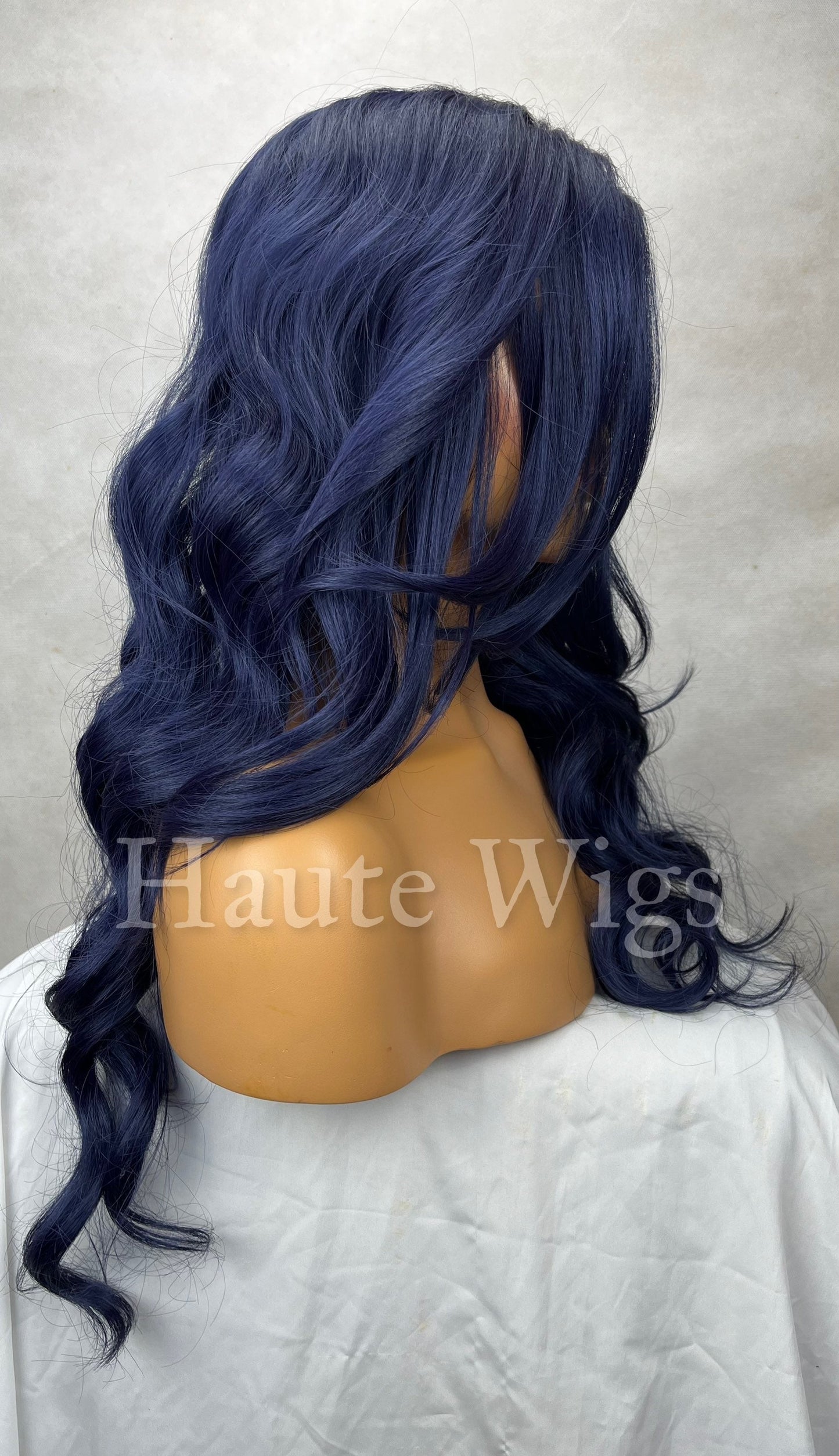 Baddie - Navy Dark Blue 24" Long Wavy Wig Womens Ladies Curly Lace Front Human Hair Blend Wigs centre Parting Haute Wigs gift for her