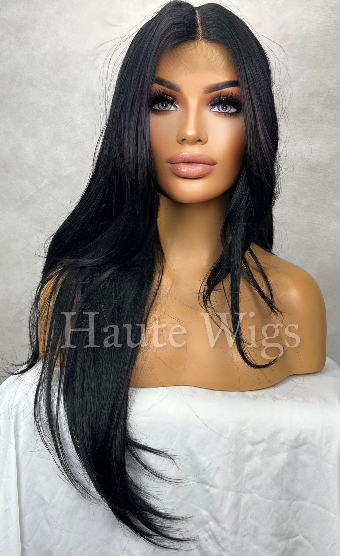 Euphoria - 28 Inch Jet Black Wig layered Cut Style Straight Wig Lace Front Human Hair Blends Gift For Her Realistic Ladies Womens Wig