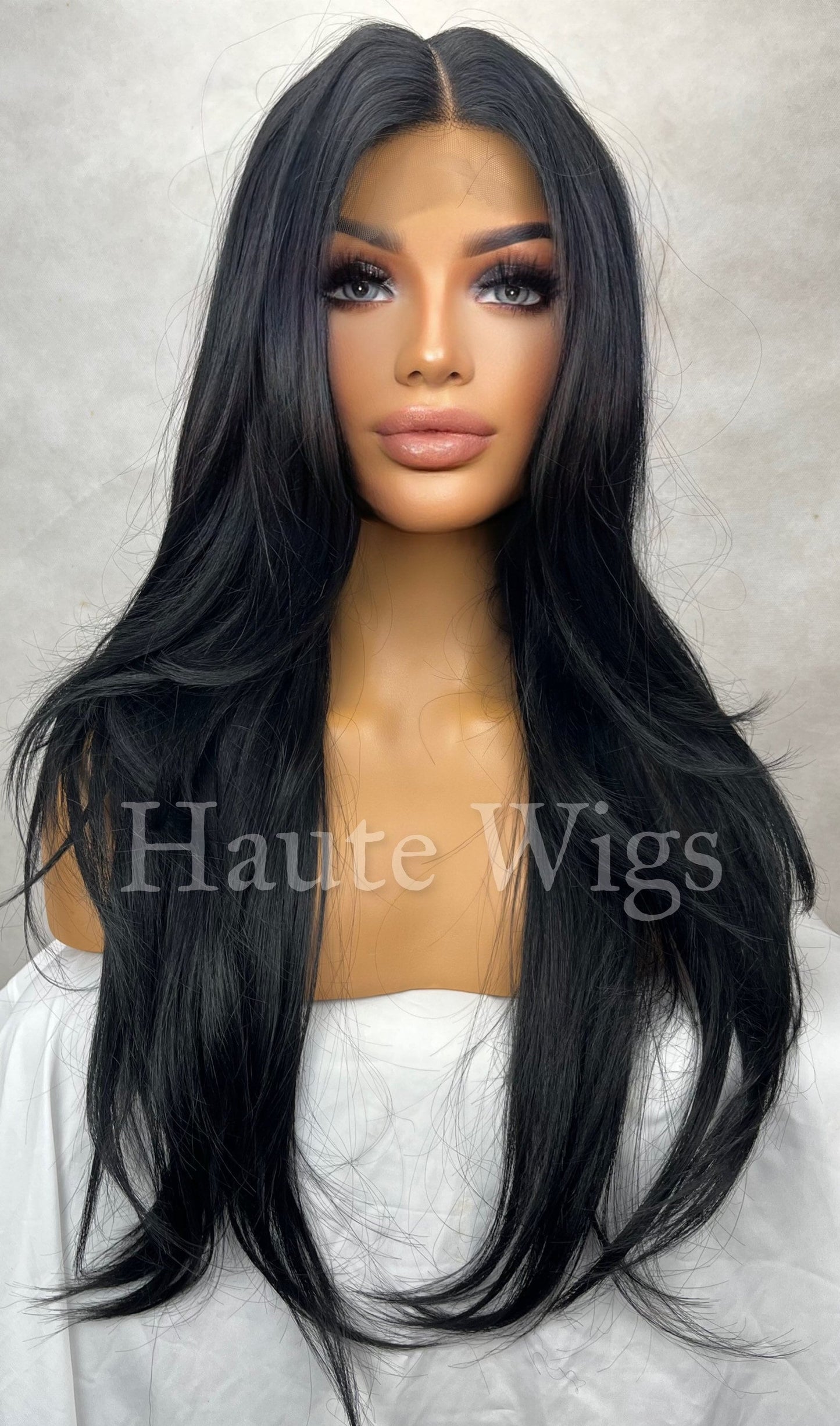 Euphoria - 28 Inch Jet Black Wig layered Cut Style Straight Wig Lace Front Human Hair Blends Gift For Her Realistic Ladies Womens Wig