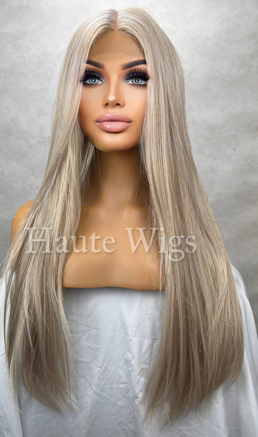 Coco - 30 inch or 40 Light COOL Tone Ash Blonde Wig No ombré Womens Long Wig Lace Front Realistic Human Hair Blends Straight Ladies Wig Gift