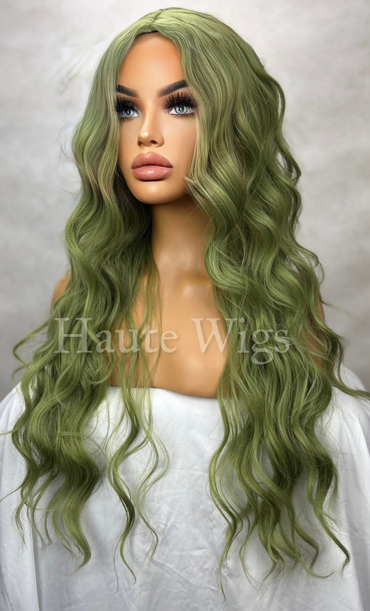 Envy - Moss Medium Green Hair Wig 24 Inch Long Wavy NO Lace Front Womens Ladies Everyday Gift for her haute wigs role play